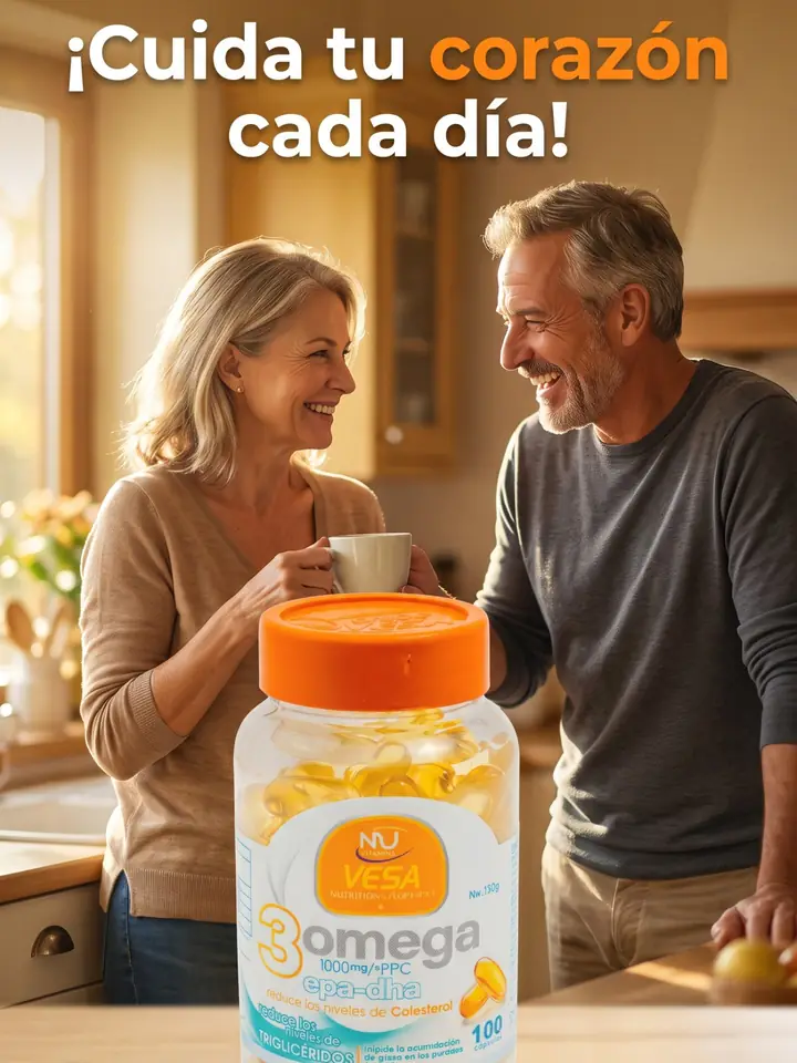 Pareja en la cocina con el frasco de Omega 3